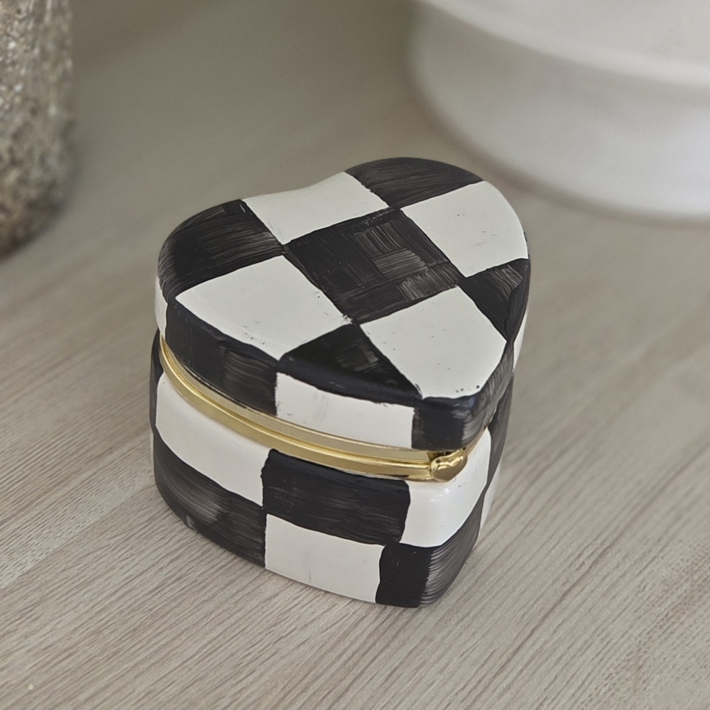 Heart-Shaped Black and White Checkered Trinket Box